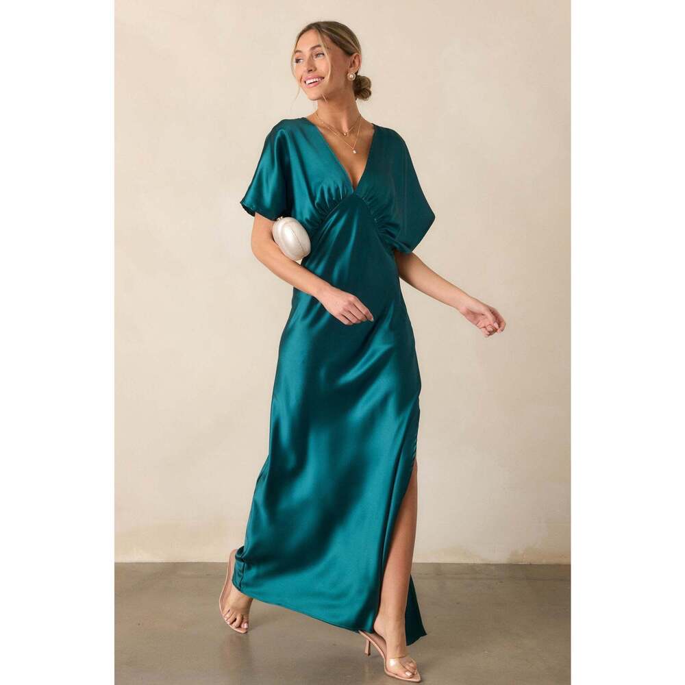 Teal Satin Maxi Dress